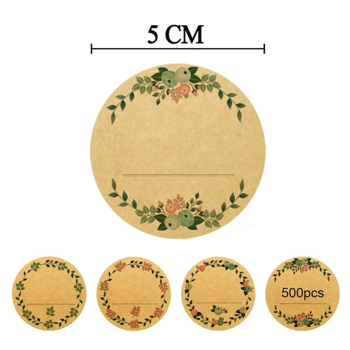 Set 500 Etichete Autoadezive Rotunde Macvi® 5 cm Maro Model Coroana cu Spatiu Scriere, Pentru Borcane, Cadouri, Organizare