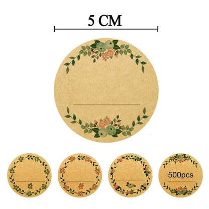 Set 500 Etichete Autoadezive Rotunde Macvi® 5 cm Maro Model Coroana cu Spatiu Scriere, Pentru Borcane, Cadouri, Organizare