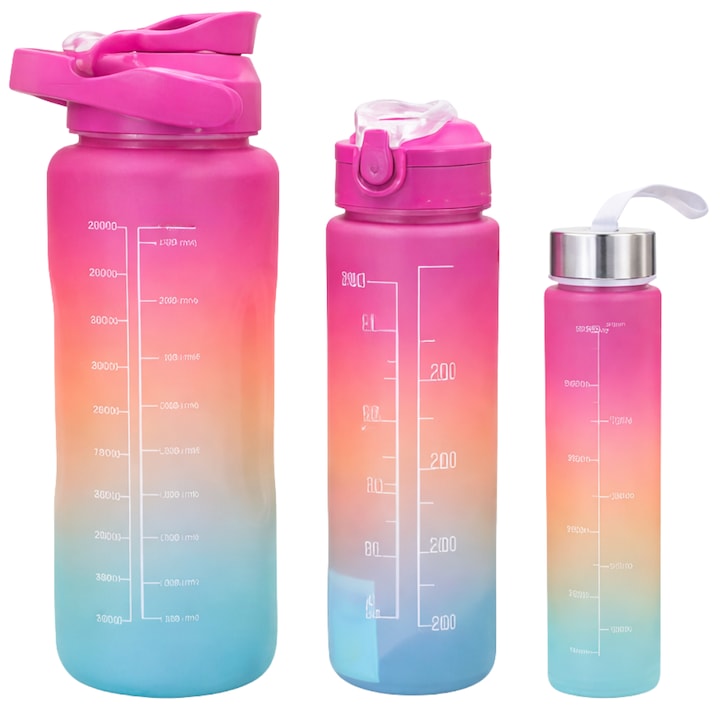 Set 3 Sticle de Apa Motivationale TENO®, 2000ml + 900ml + 300ml, Tritan fara BPA, Pai inclus, Deschidere automata, fucsia