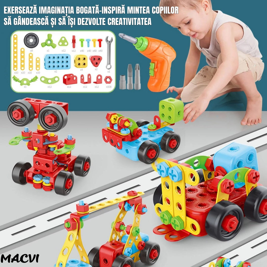 Jucarie educativa si interactiva Macvi® Set Constructie 404 Piese Puzzle 3D STEM, Cu Surubelnita Electrica, Multicolor, Pentru Copii 6+ Ani