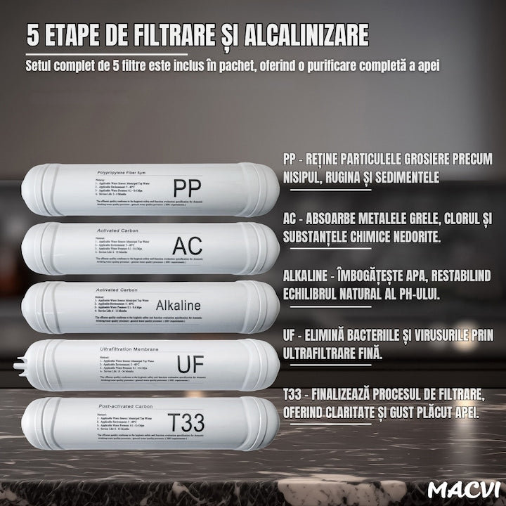 Filtru apa ultrafiltrare Macvi® 5 etape + alcalinizare, precizie 0, 01 µm, baterie 3 cai, robinet 360°, sub chiuveta
