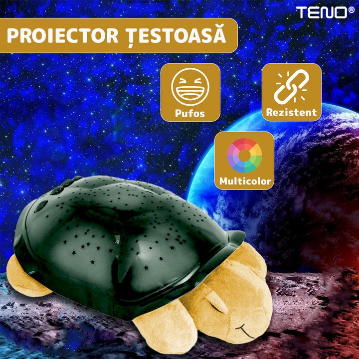 Lampa de Veghe Testoasa Teno®, proiector de lumini, 8 constelatii, lumina RBG, 2 cantece de adormit copiii, pufoasa si moale, mod inchidere automata, galben/verde