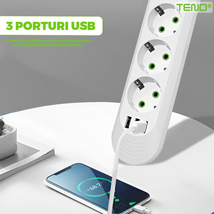 Prelungitor Teno®, 3 prize, 3 porturi USB, intrerupator, suport de agatare incorporat, rezistent la temperaturi inalte, universal, lungime 2 metri, alb