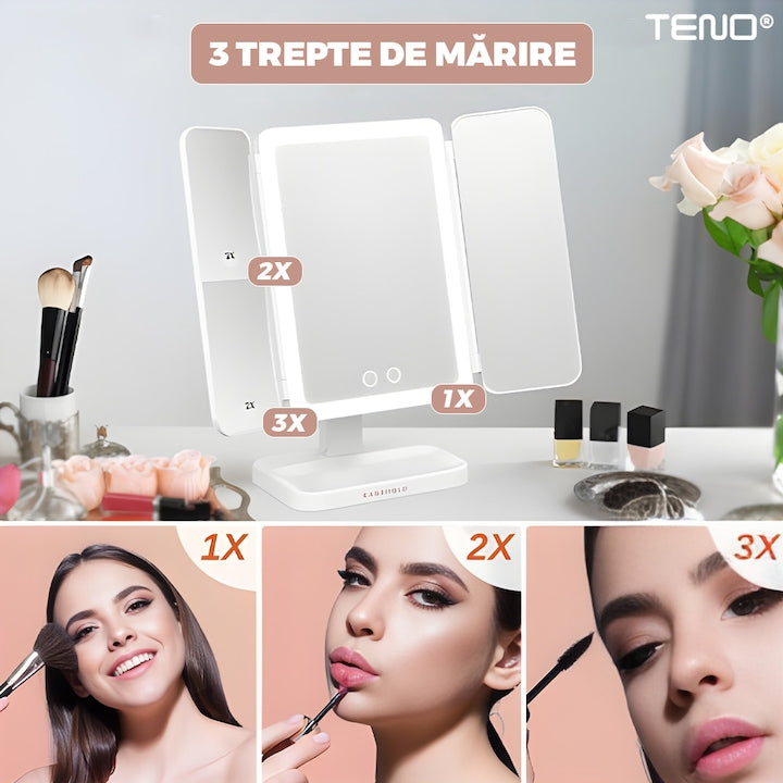 Oglinda Cosmetica Teno, pliabila, iluminare LED, marire X2 si X3, alb, inaltabila, cu oglinzi laterale