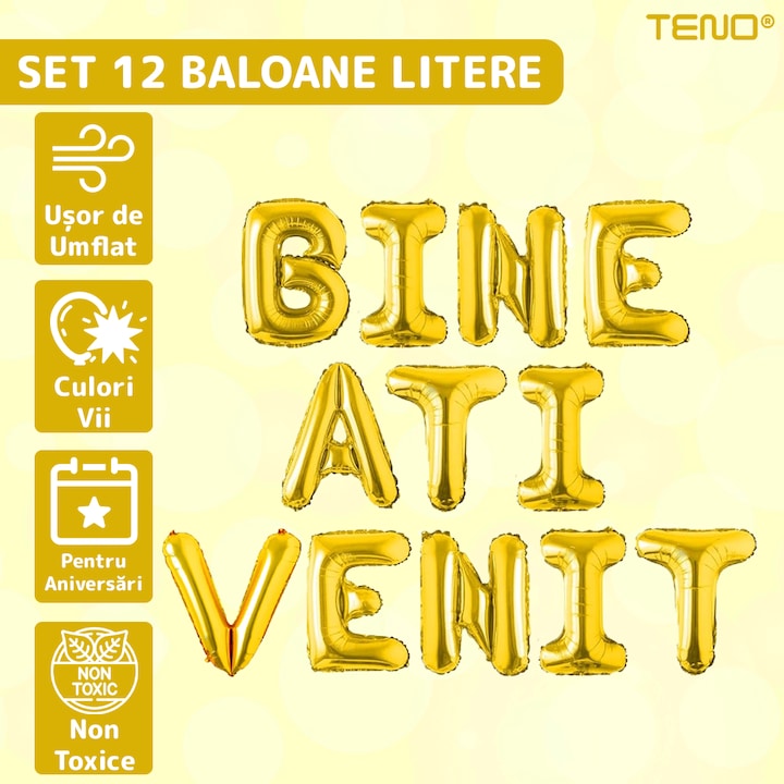 Set 12 Baloane Teno®, Litere, pentru Petreceri/Aniversari/Evenimente, o singura dimensiune, o culoare, metalizate, folie, model BINE ATI VENIT auriu, 45 cm