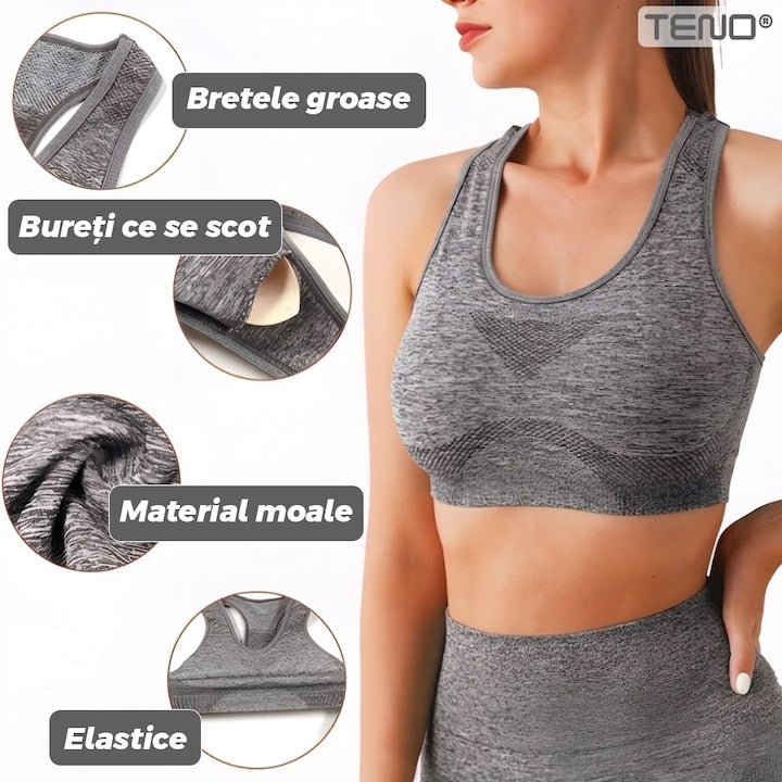 Set Costum Fitness din 2 Piese Teno®, colanti si bustiera, material respirabil, uscare rapida, elasticitate ridicata, one-size, gri