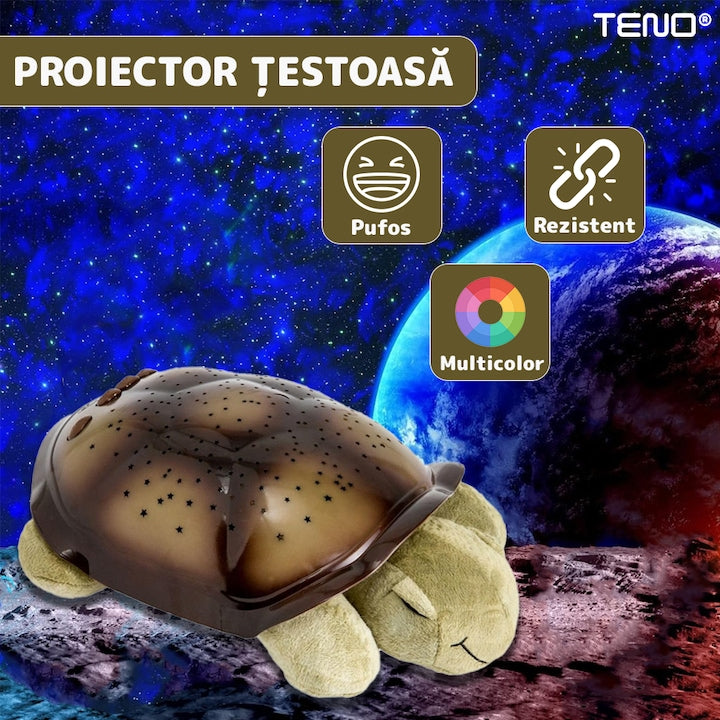 Lampa de Veghe Testoasa Teno®, proiector de lumini, 8 constelatii, lumina RBG, 2 cantece de adormit copiii, pufoasa si moale, mod inchidere automata, verde/maro