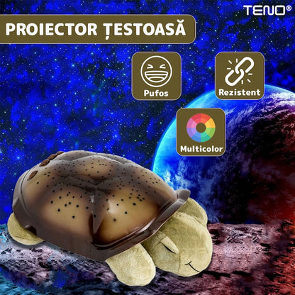 Lampa de Veghe Testoasa Teno®, proiector de lumini, 8 constelatii, lumina RBG, 2 cantece de adormit copiii, pufoasa si moale, mod inchidere automata, verde/maro