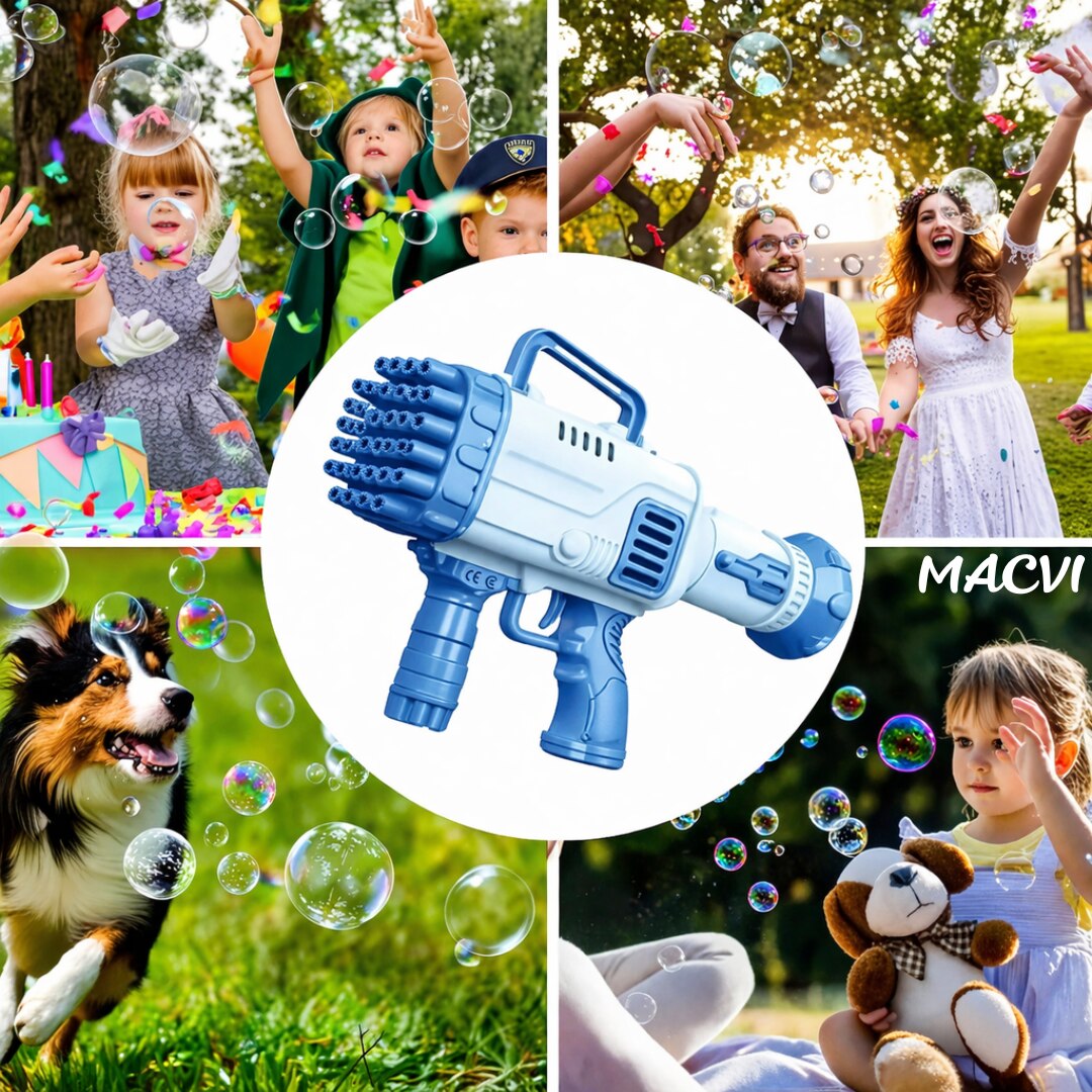 Pistol Baloane Sapun 32 Duze Macvi® tip Bubble Gun cu baterii(neincluse), Ventilator, Albastru