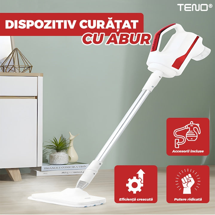 Aparat de Curat cu Abur Teno®, incalzire imediata, capacitate mare, presiune ridicata, temperatura 100-140°, accesorii incluse, alb/rosu