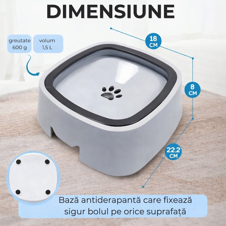Bol Macvi® pentru apa, antistropire si antialunecare, 1.5 L, alb, pentru caini si pisici, plastic