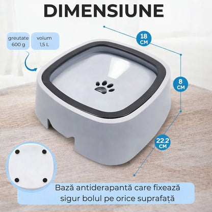 Bol Macvi® pentru apa, antistropire si antialunecare, 1.5 L, alb, pentru caini si pisici, plastic