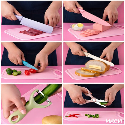 Set cutite bucatarie Macvi® 7 piese, otel inoxidabil, foarfece, curatator legume, tocator inclus, pentru carne, fructe si legume