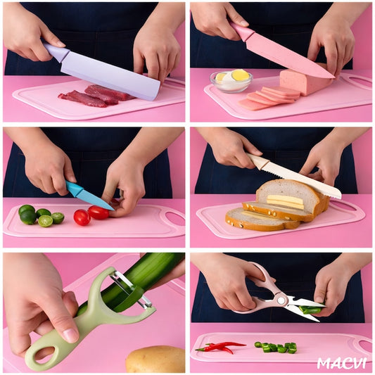Set cutite bucatarie Macvi® 7 piese, otel inoxidabil, foarfece, curatator legume, tocator inclus, pentru carne, fructe si legume