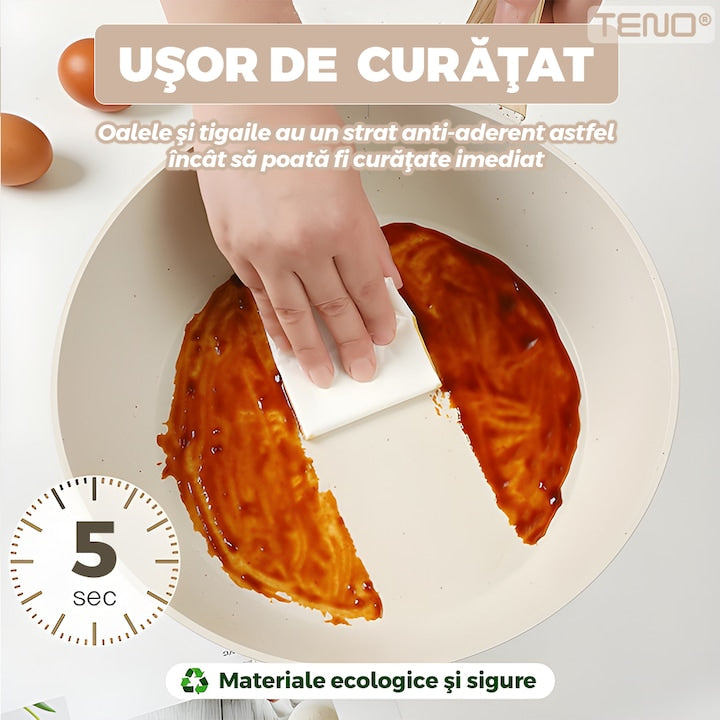 Set 12 Piese Oale si Tigai Teno, antiaderente, bej, compatibile cu toate tipurile de plite