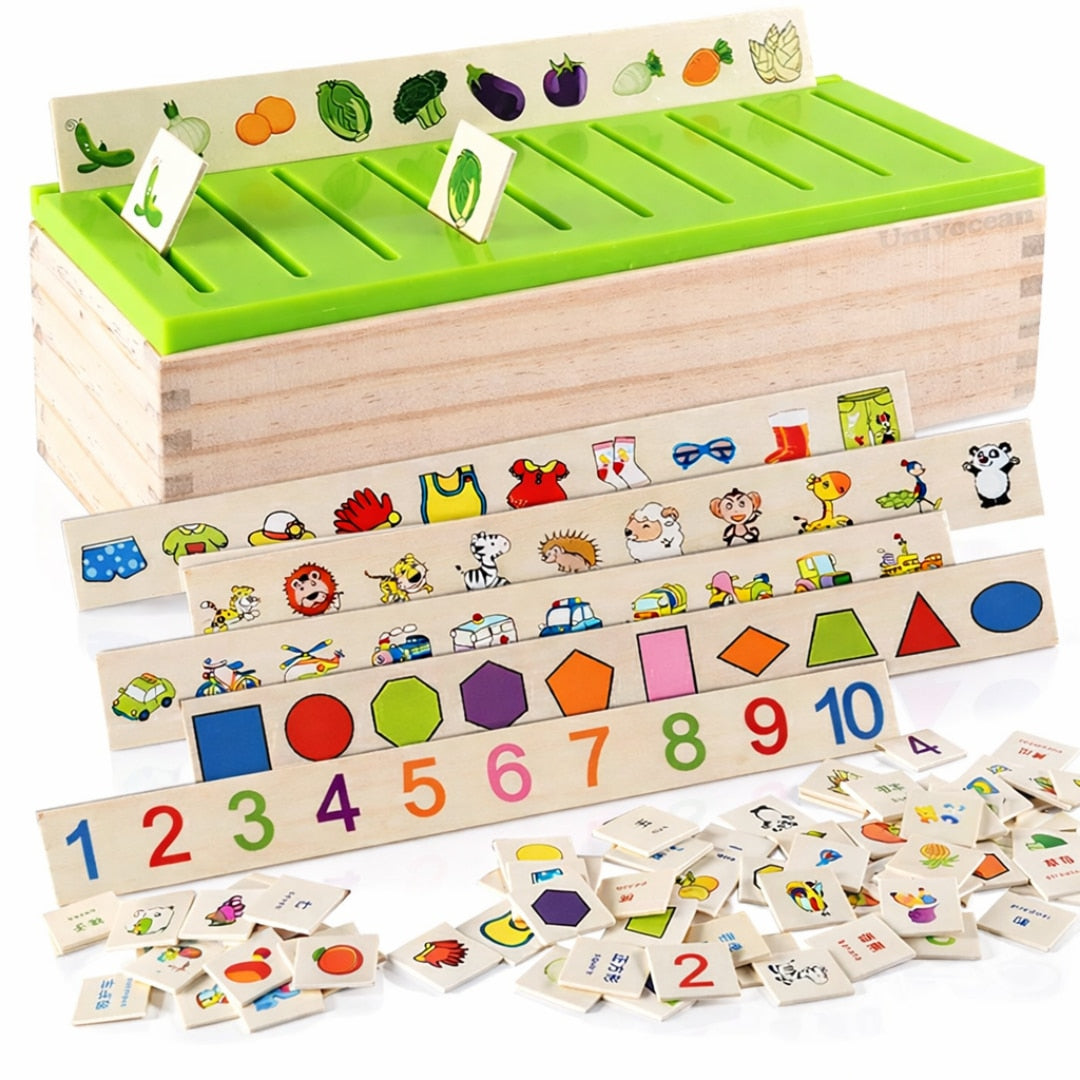 Jucarie educativa din lemn Macvi®, set cu cutie si cartonase, pentru dezvoltarea coordonarii mana-ochi si logicii matematice, 3+, 29, 5×11×8 cm
