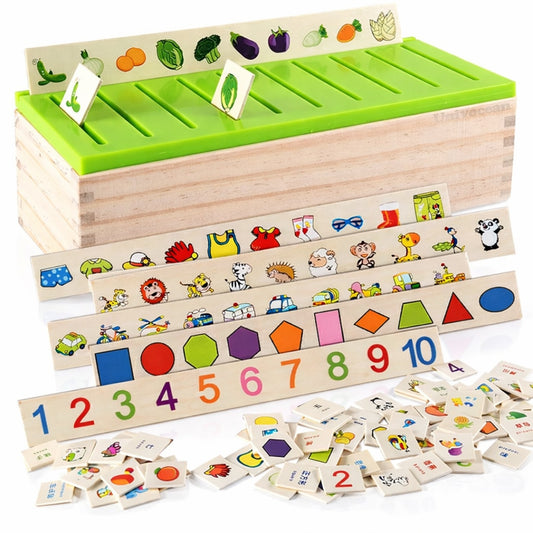 Jucarie educativa din lemn Macvi®, set cu cutie si cartonase, pentru dezvoltarea coordonarii mana-ochi si logicii matematice, 3+, 29, 5×11×8 cm