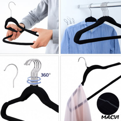 Set 16 Umerase Macvi® Catifea Antialunecare, Slim, cu Bara pentru Pantaloni si Scobituri, Carlig 360°, 44.5x23 cm, Gri/Negru
