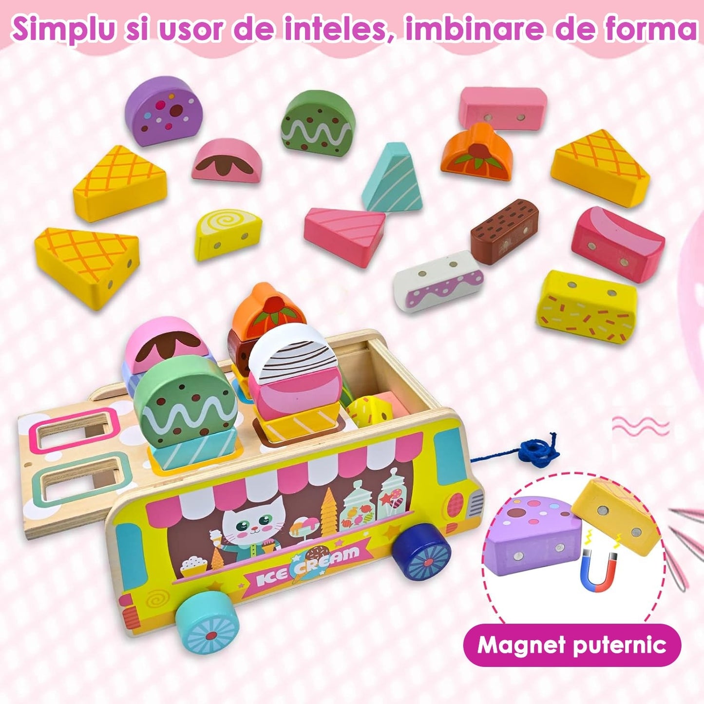 Jucarie Montessori Macvi® din Lemn Tabla Magnetica Inghetata Sortare Forme Copii 3 Ani+