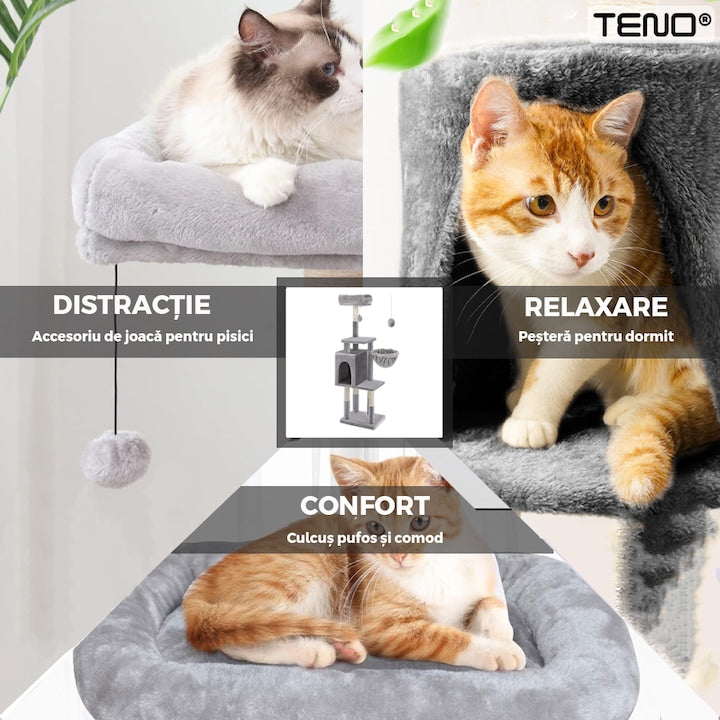 Ansamblu de Joaca pentru Pisici Teno®, cu 3 platforme de observatie, 3 niveluri, 1 casuta, franghie si minge de joaca, stalpi pentru zgariat, captuseala extra moale, structura stabila, 110 cm, gri