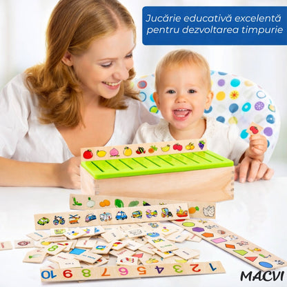 Jucarie educativa din lemn Macvi®, set cu cutie si cartonase, pentru dezvoltarea coordonarii mana-ochi si logicii matematice, 3+, 29, 5×11×8 cm