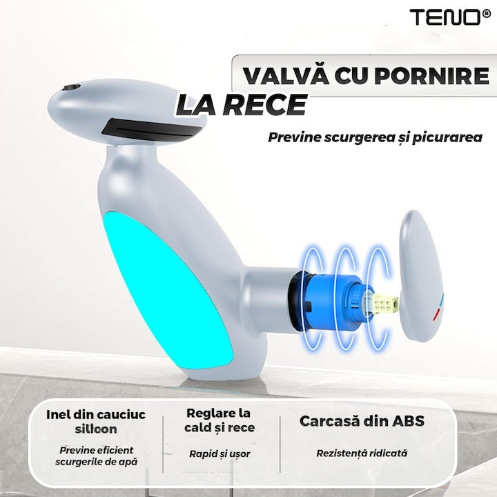 Baterie Chiuveta Baie Premium Teno®, 4 tipuri de jet, iluminare LED, cartus ceramic, cap retractabil, rezistenta la rugina si coroziune, accesorii incluse, alb
