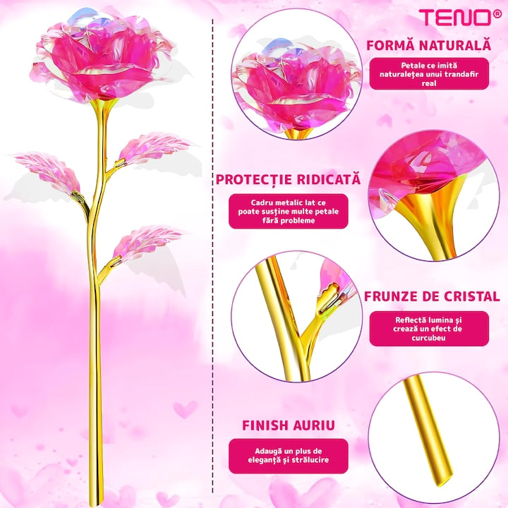 Trandafir Artizanal Teno®, efect de cristal, aspect auriu, luminite LED cu baterii, rezistent, nemuritor, design realist, 22 x 13 cm, roz