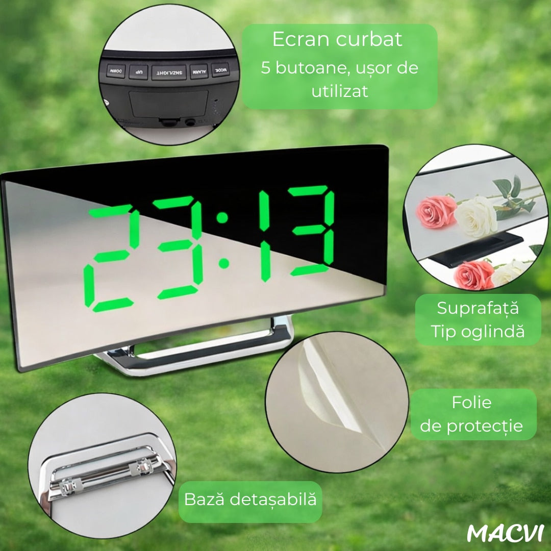 Ceas de masa tip oglinda Macvi® , model DT-6507, ecran LED curbat, afisare temperatura, Verde