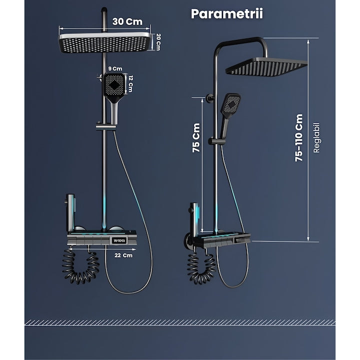 Coloana de dus Smart Macvi®, afisaj LED, termostatica, 4 moduri pulverizare, lumini ambientale, robinet ascuns, fara curent