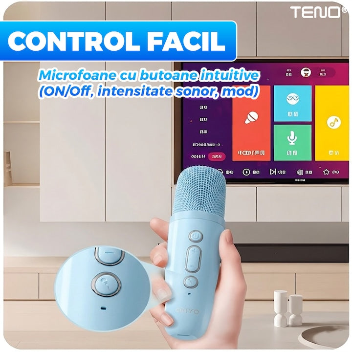 Boxa Portabila Teno®, karaoke, 2 microfoane, 4 porturi, wireless, RBG, Albastru deschis