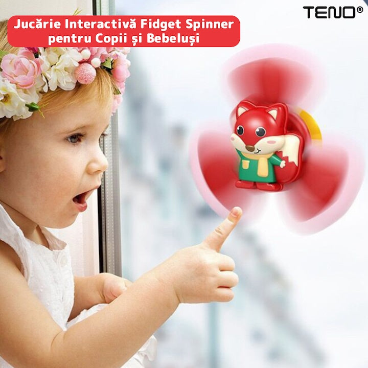 Jucarie Interactiva Fidget Spinner Teno®, forma Vulpe, margini de silicon, 3 laturi, ventuza de prindere, 1-3 ani, rosu