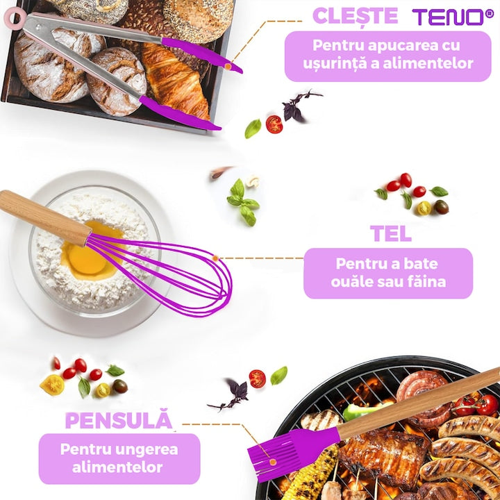 Set Ustensile Bucatarie 12 Piese Silicon Alimentar Teno®, termorezistente, antiaderente, sigure, suport inclus, mov