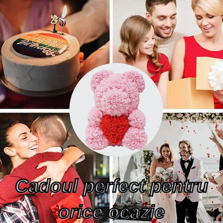 Ursulet Cu Inima Trandafiri Spuma Macvi®, 24 cm, Cutie Cadou Inclusa, Roz, Decor Romantic, Cadou Valentine Aniversare