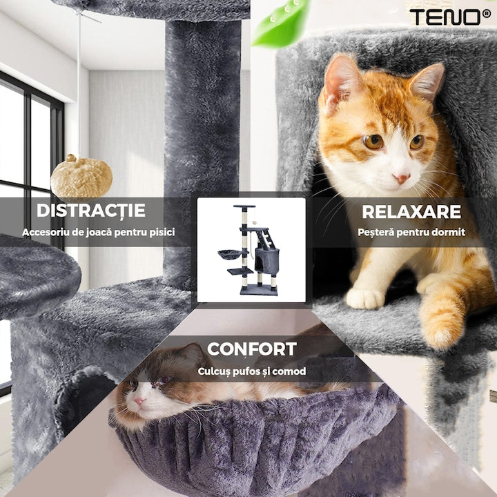 Ansamblu de Joaca pentru Pisici Teno®, tip turn, 1 platforma de observatie, 4 niveluri, 1 casuta, scara, franghie si mingiute de joaca, stalpi pentru zgariat, captuseala extra moale, structura stabila, 118 cm, gri inchis