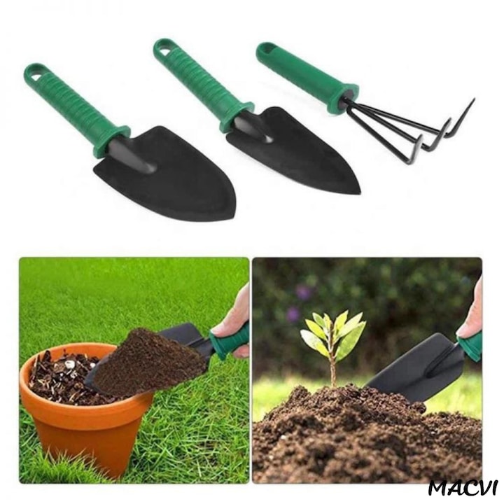 Set accesorii gradinarit Macvi® 10 piese, unelte din inox si plastic, foarfeca, lopata, pulverizator, geanta inclusa