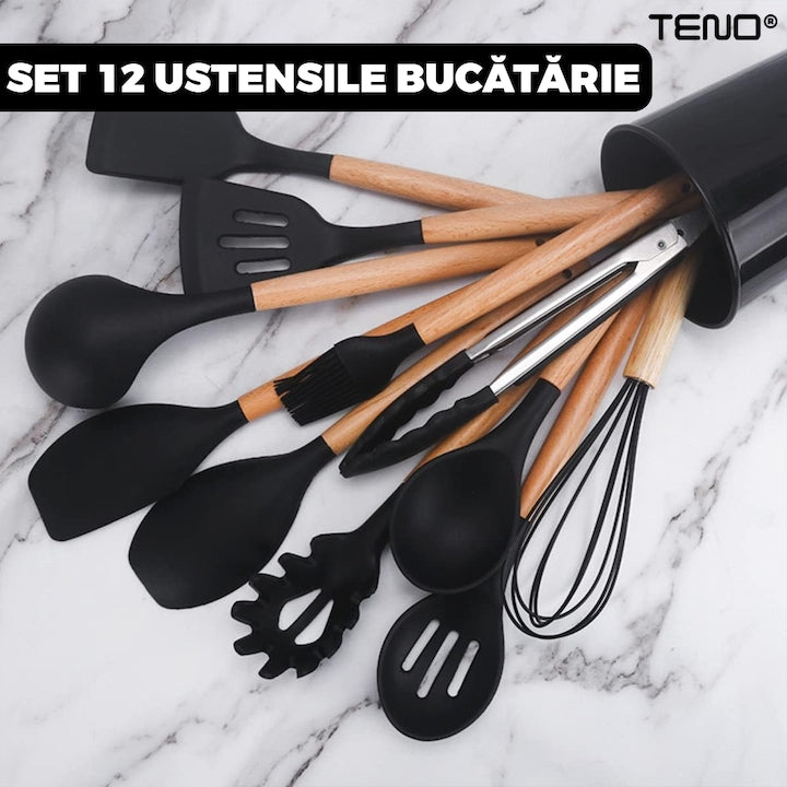 Set Ustensile Bucatarie 12 Piese Silicon Alimentar Teno®, termorezistente, antiaderente, sigure, suport inclus, negru