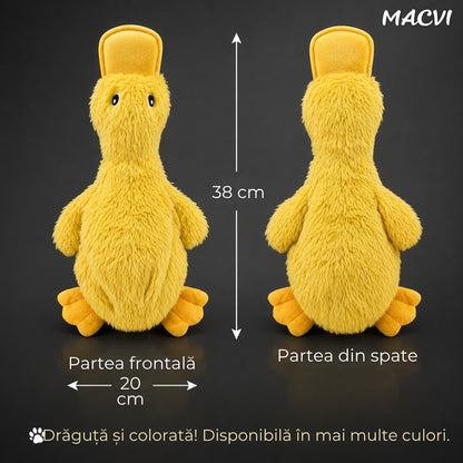 Jucarie interactiva caini Macvi®, rata colorata, 38 x 23 cm, squeaky, anti stres, plus rezistent, pentru joaca si ros, galben