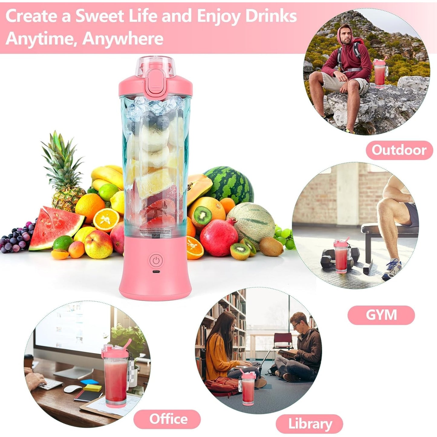 Blender Portabil Macvi® pentru Smoothie-uri 600 ml cu 6 Lame din Otel Inoxidabil, Baterie Reincarcabila 4000 mAh USB, Temporizator Automat 30 Secunde, Roz