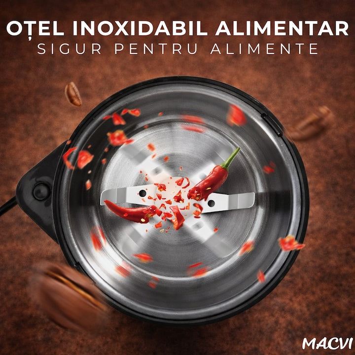Rasnita Electrica de Cafea Macvi®, 180W, Cutite din Otel Inoxidabil, Capacitate 75 g, Macinare Rapida si Uniforma