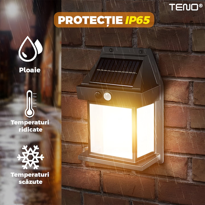 Lampa Solara de Perete LED Tip Felinar Teno®, senzor de miscare 5-8 metri, fara fir, 3 moduri de iluminare, protectie IP65, Waterproof, exterior, negru