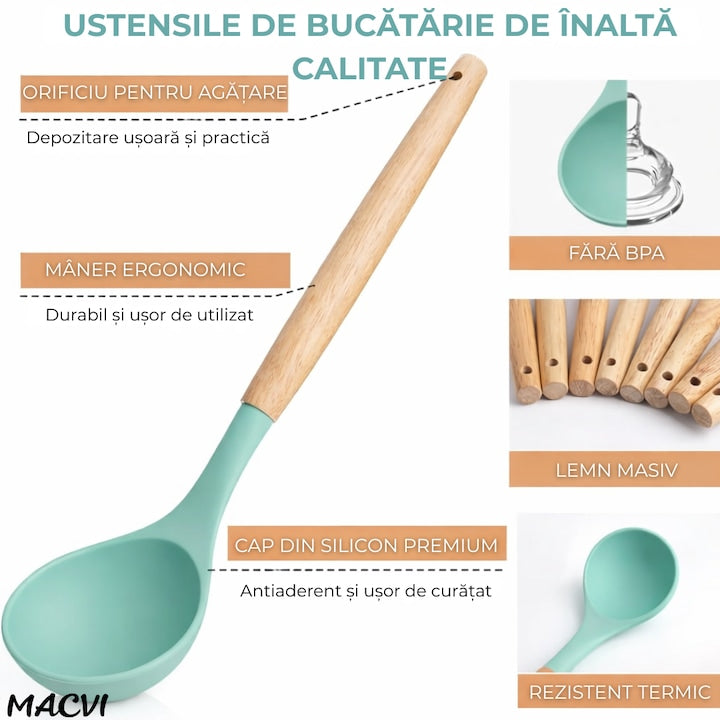 Set ustensile Macvi® bucatarie silicon premium 19 piese cu suport organizare cutite tocator linguri spatule fara BPA rezistente la temperaturi ridicate verde menta