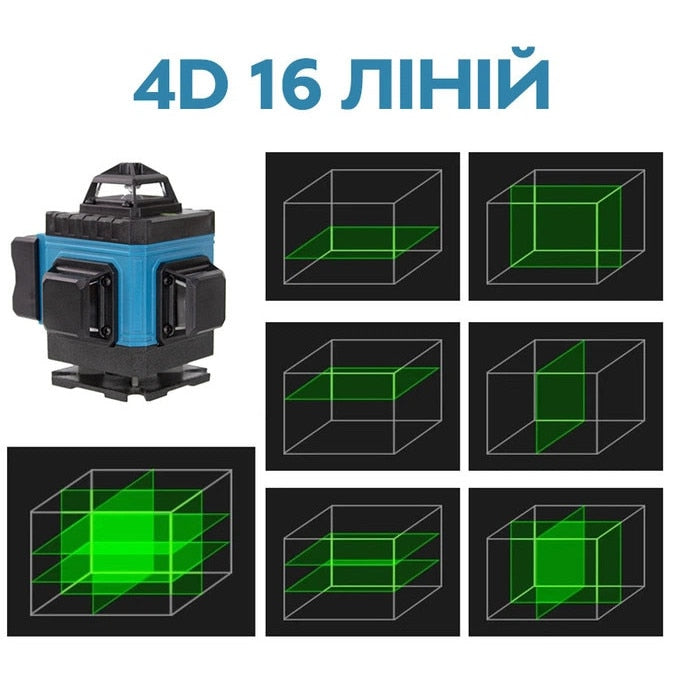 Laser nivel Macvi® 4D cu 16 linii verzi 360°, autonivelare, pana la 30 m, IP54, telecomanda, 2 acumulatori 5200 mAh, cu valiza