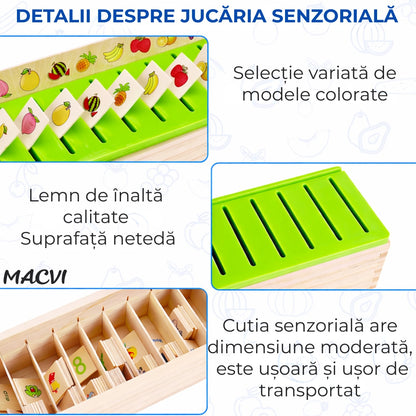 Jucarie educativa din lemn Macvi®, set cu cutie si cartonase, pentru dezvoltarea coordonarii mana-ochi si logicii matematice, 3+, 29, 5×11×8 cm