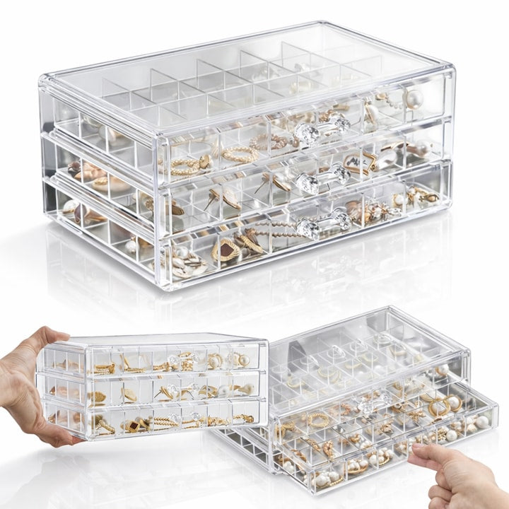 Cutie bijuterii Macvi® transparenta, multistrat, 3 sertare, 72 compartimente, capacitate mare, 24×13, 5×11 cm