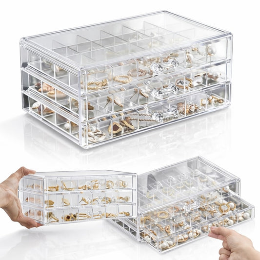 Cutie bijuterii Macvi® transparenta, multistrat, 3 sertare, 72 compartimente, capacitate mare, 24×13, 5×11 cm