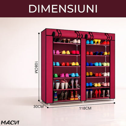 Dulap Pantofi Macvi®, Dulap Textil Dublu pentru Incaltaminte, 6 Niveluri, 120 x 30 x 118 cm, Rosu