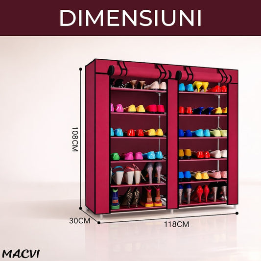 Dulap Pantofi Macvi®, Dulap Textil Dublu pentru Incaltaminte, 6 Niveluri, 120 x 30 x 118 cm, Rosu