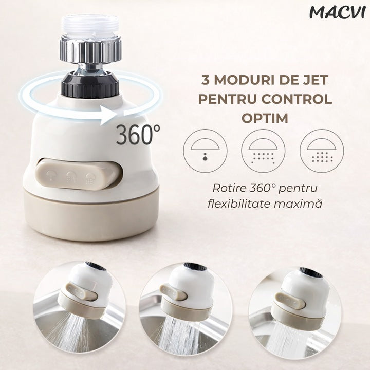 Cap de Robinet Universal Macvi®,  pentru Chiuveta, 3 Moduri de Jet, Rotire 360°, Alb/Bej, Usor de Montat