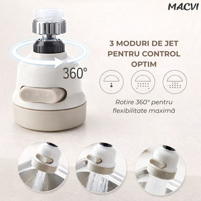 Cap de Robinet Universal Macvi®,  pentru Chiuveta, 3 Moduri de Jet, Rotire 360°, Alb/Bej, Usor de Montat