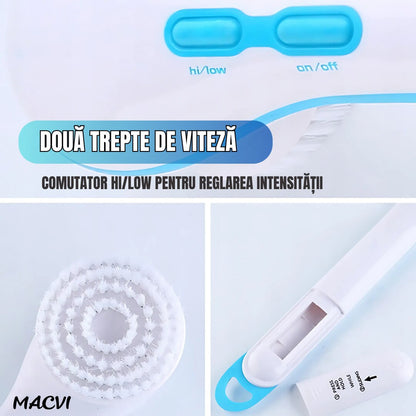 Perie baie rotativa Macvi®, electrica, pentru curatare, exfoliere si masaj, cu 5 capete interschimbabile si 2 trepte de viteza – o solutie completa pentru ingrijirea pielii si relaxarea zilnica